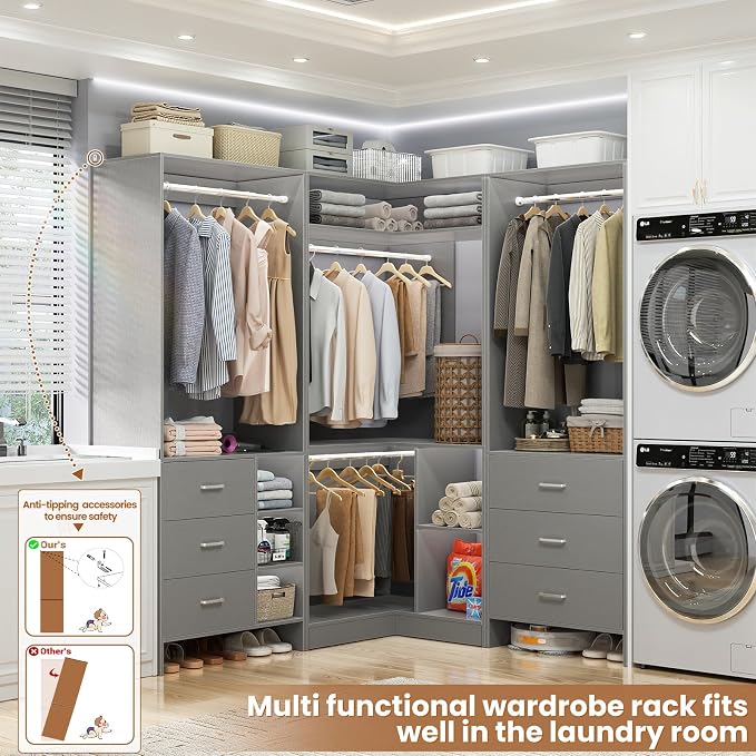 Aheaplus Closet System with 6 Drawers, 4 Hanging Rods & Corner Tower, Corner Closet System with Hanging, 86.8" L-Shaped Walk-In Wardrobe Organizer, 2000+ lbs Capacity, Set of 3, Grey