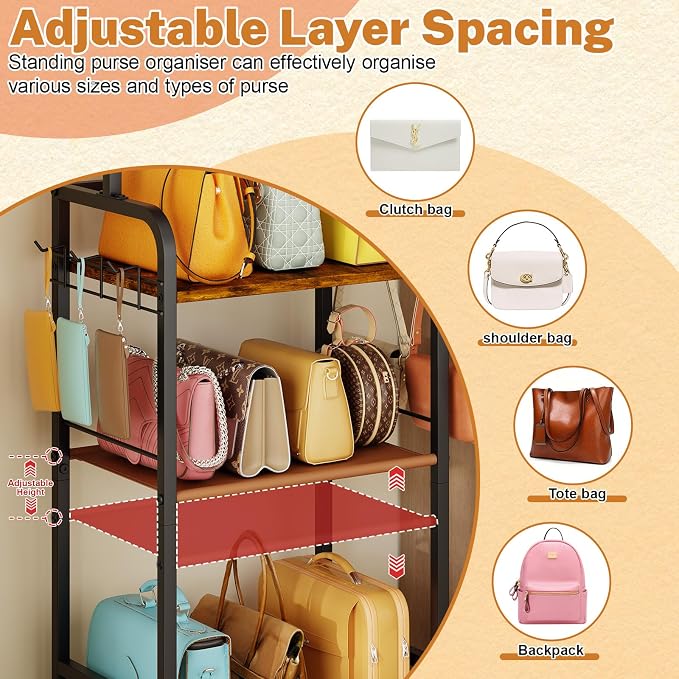 4-Tier Purse Organizer for Closet with 5 Purse Hanger, Tall & Vintage Purse Rack Stand for Purse Storage with 6 Side Hooks, Adjustable Handbag Organizer, Purse Storage Organizer for Small Place