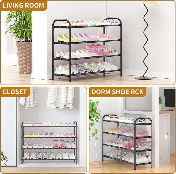 Hleelomi 4-Tier Expandable Shoe Rack, Black | Adjustable Metal, For Entryway, For Closet, For Living Room, For Dorm