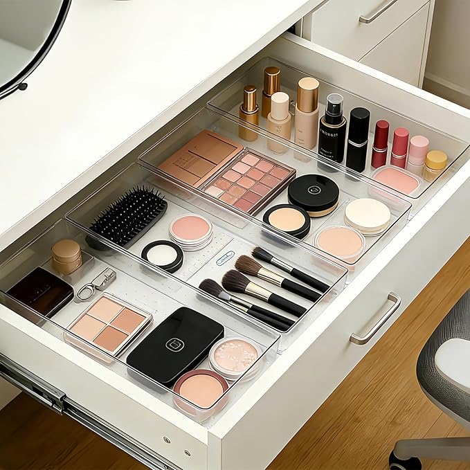 Manalete 4 Pcs Extra Large Clear Plastic Drawer Organizer Trays 15"x6", Multi-Purpose Storage Bins for Vanity, Makeup, Kitchen Utensils, Bathroom, Office Desk, Auto Tools & Craft Supplies