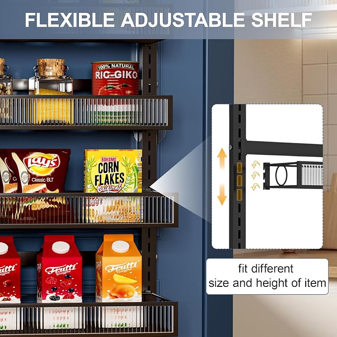 Over the Door Pantry Organizer 6 Tiers Hanging or Wall Mounted Spice Rack with Adjustable Basket,Heavy Duty Metal Seasoning Organizer Shelf for Kitchen Pantry and Bathroom