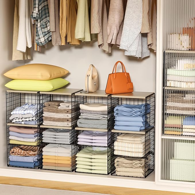 2 Pack Closet Organizer System, Extra Tall & Large Capacity Closet Shelves with Adjustable Dividers, 3-Tier Stackable Storage Bins with Wood Top (Up to 6 Tiers), for Clothes Wardrobe Organization