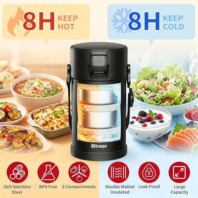 77oz Stainless Steel Insulated Food Jar, 3 Tier Stackable Bento Lunch Box, Vacuum Thermal Food Container for Hot Food, Soup Thermos with Insulated Bag for Work, Travel, Outdoor (77 oz Black)