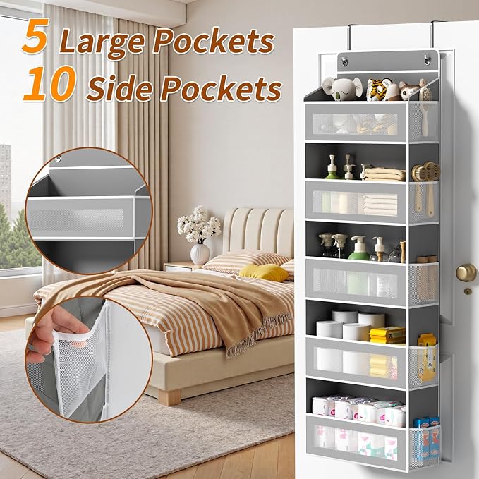 AQOOA 5-Tier Over The Door Organizer, Over the Door Storage 5 Large 10 Side Pockets 44 lbs Load Behind Door Storage, Closet Door Organizer Hanging Shelf for Bathroom Bedroom Nursery, Grey
