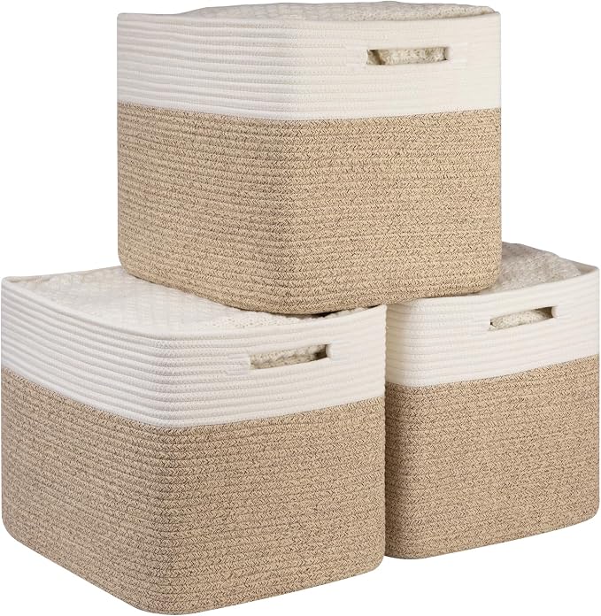 OIAHOMY 13 Inch Cube Storage Bins, 3-Pack Cotton Rope Woven Baskets for Organizing, Insert Storage Baskets for Shelves, Baby Nursery, Closet Organizer, 15 * 13 * 12.6IN, Brown & White