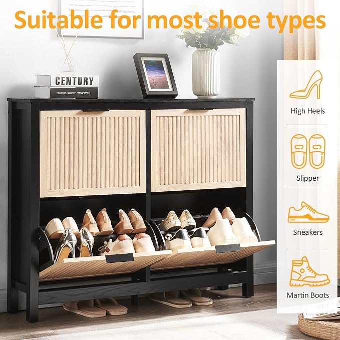 4 Flip Drawers Shoe Cabinet Storage for Entryway, Narrow Hidden Wood Shoes Organizer Cabinet Front Door Entrance Thin Free Standing Front Door Shoe Rack Storage for Entryway(Oak&Black)