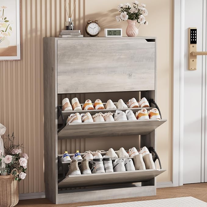Shoe Storage Cabinet, Wood Shoe Organizer for Entryway with 3 Flip Drawers, Freestanding Shoe Rack with Adjustable Shelf, Narrow Shoe Dresser for Front Door Entrance (Grey, 3 Drawers)