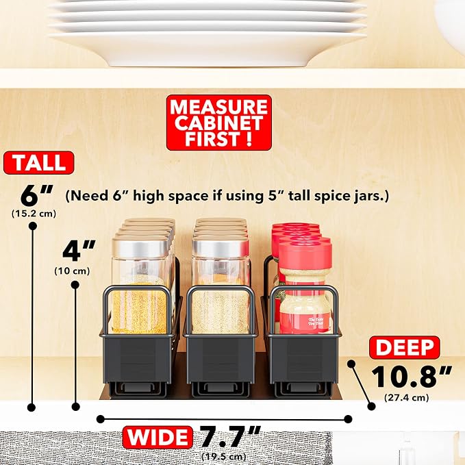 SpaceAid Pull Out Spice Rack Organizer for Cabinet, Heavy Duty Slide Out Seasoning Kitchen Organizer, Cabinet Organizer, with Labels, 7.7" W x10.75 D x4 H, 3 Drawers 1-Tier