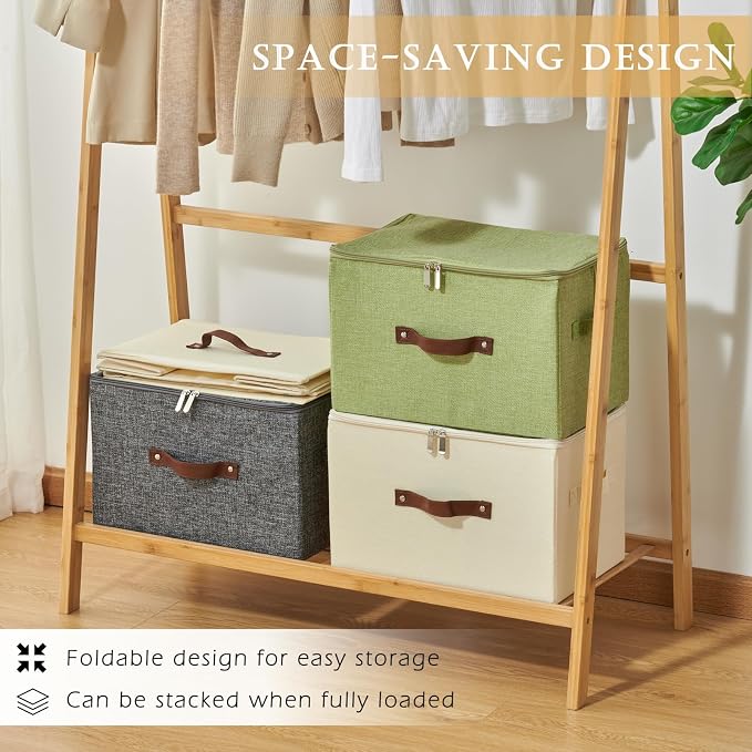 Storage Bins with Zipper Lid Cotton Linen Fabric Lidded Storage Baskets Boxes Foldable Washable Closet Shelf Clothes Organizer Container with PU Leather Handles (Linen, Small)