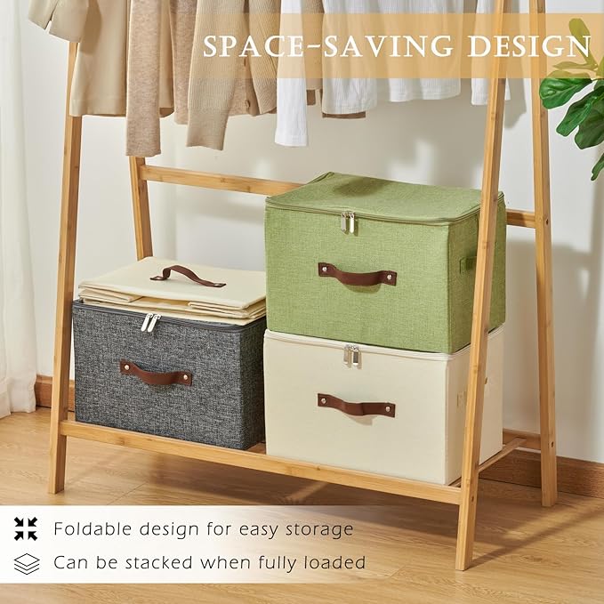 Storage Bins with Zipper Lid Cotton Linen Fabric Lidded Storage Baskets Boxes Foldable Washable Closet Shelf Clothes Organizer Container with PU Leather Handles (Deep Blue, Small)