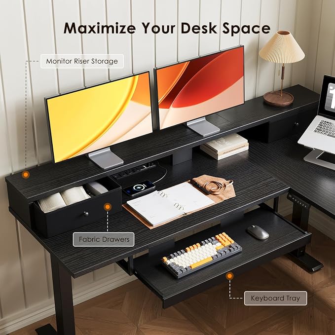 OffiGo 59 Inch L Shaped Electric Standing Desk with Drawers, Black | Monitor Stand, Keyboard Tray, Fabric Drawer, Power Outlets, Height Adjustable Corner Stand Up Desk for Organized Home Office
