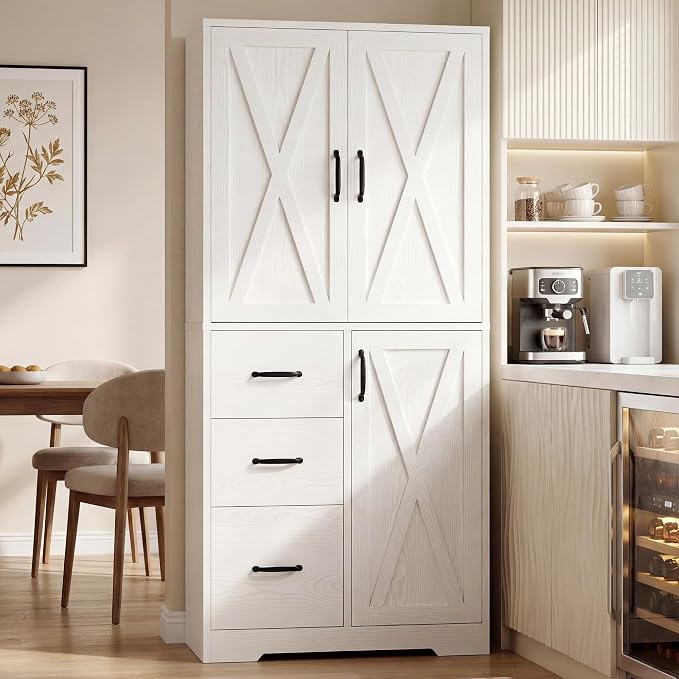 IRONCK Pantry Cabinet, 67.5 inch Tall Storage Cabinet with 3 Doors & Drawers, Farmhouse Kitchen Cabinet with Adjustable Shelves, 5 Tier Freestanding Cupboard for Kitchen, White