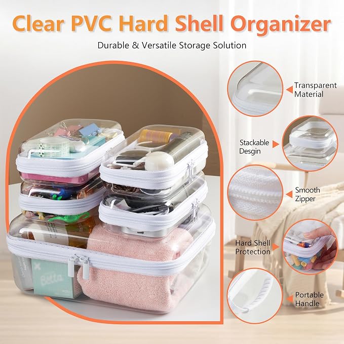 5PCS Travel Essentials for Toiletries with Handles, 1.2MM Thick Clear Hard Shell Zipper Case, Durable Makeup Bag for Cosmetics, Puzzles and Snacks, Clear Travel Bag for Diaper Bag Organizer