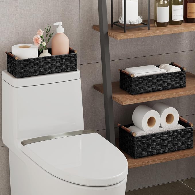 Vagusicc Wicker Storage Basket, Set of 2 Hand-Woven Paper Rope Wicker Basket for Organizing with Handle Decorative Storage Bins for Counter Pantry Shelves Toilet Paper Basket for Toilet Tank Top,Black