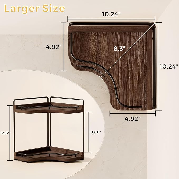 2-Tier Corner Bathroom Counter Organizer for Storage, Dark Brown | Solid Wood, Larger Size, Embedded Screw Holes, sink and Vanity Countertop Organizer for Perfume, Skincare & Makeup Storage