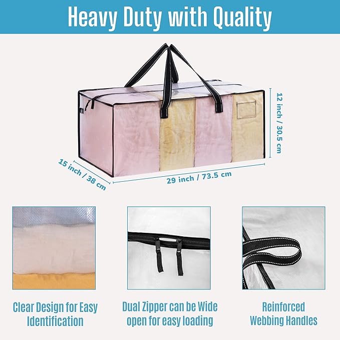 VENO 4 Pack Heavy Duty Moving Bags, Christmas Storage Bins with Lids, Clear Design, Alternative to Moving Boxes, Storage Bags for Clothes, Blankets, Comforters, Pillows, Camping (Clear, 4 Pack)