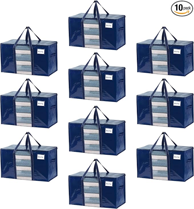 VENO 10 Pack Moving Bags with Clear Window, Heavy Duty Storage Bins with Lid, Around Handles, Tag, Zippers, Extra Large Totes Packing Moving Boxes Supplies for College Dorm Clothes (Blue, 10 Packs)