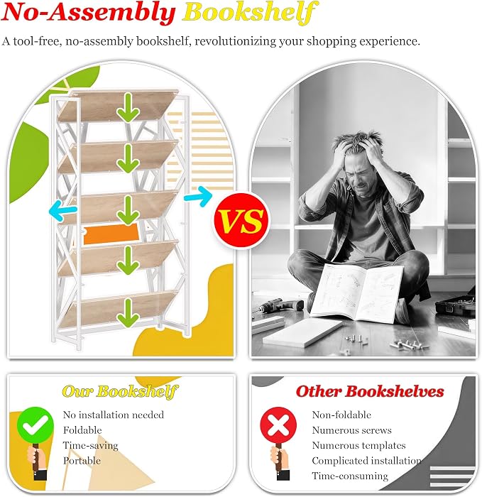 UDD No Assembly Wide Folding Bookshelf, 64.3" H x 30.9" W, 5 Tier Foldable Book Shelf Industrial Bookcase, Vintage Collapsible Storage Shelves for Home Office Living Room Bedroom, Light Oak White