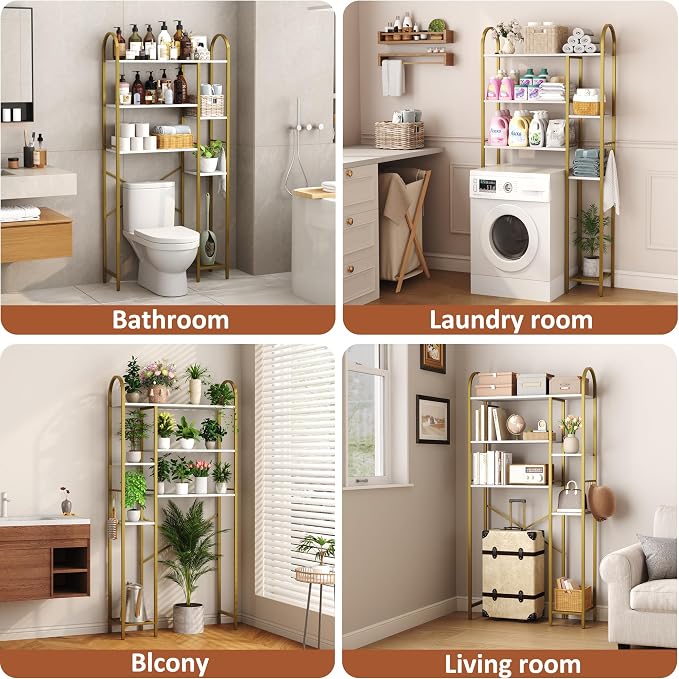 HOMEFORT Over The Toilet Storage with Side Rack, 6-Tier Over Toilet Storage Rack with Adjustable Shelf, Space Saver Bathroom Organizer for Laundry, Balcony, Kitchen,31.5" W x 9.4" D x 65" H, Gold