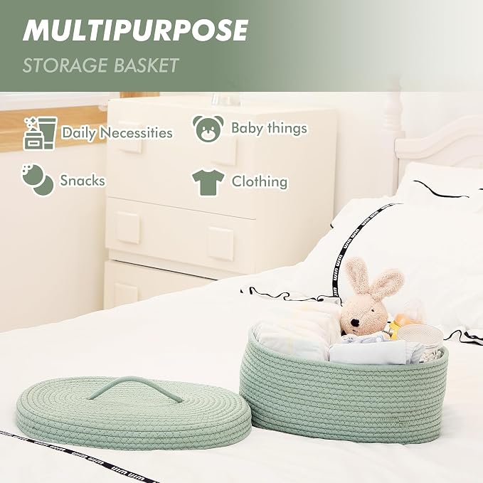 Sea Team Oval Cotton Rope Storage Basket with Lid, Lidded Woven Storage Bin, Nursery Storage Container, Diaper Caddy, Baby Shower Basket, Box, Organizer, 15 x 11 x 6.5 Inches (Medium, Green)
