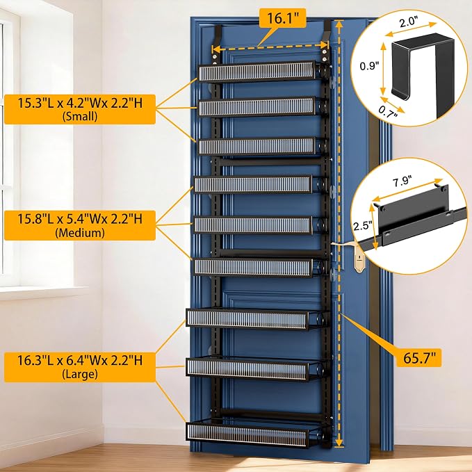 Over the Door Pantry Organizer 9 Tier Hanging Door or Wall Mounted Spice Rack with Adjustable Acrylic Basket,Heavy Duty Metal Seasoning Storage Shelf for Kitchen Pantry and Bathroom Black