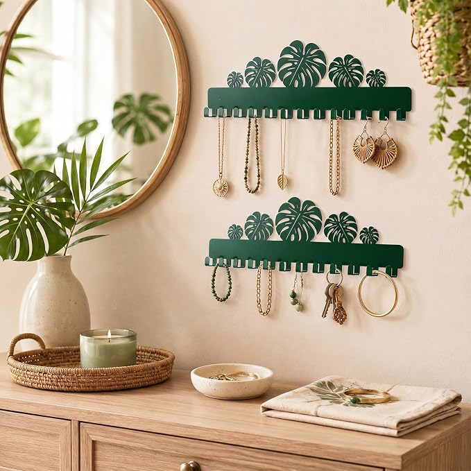 Hicarer 2 Pack Monstera Leaf Necklace Holder Wall Mount with 24 Hooks Adhesive Metal Plant Hook Boho Wall Decor Jewelry Organizer for Earrings Bracelets Rings Keys Bedroom Bathroom Dorm