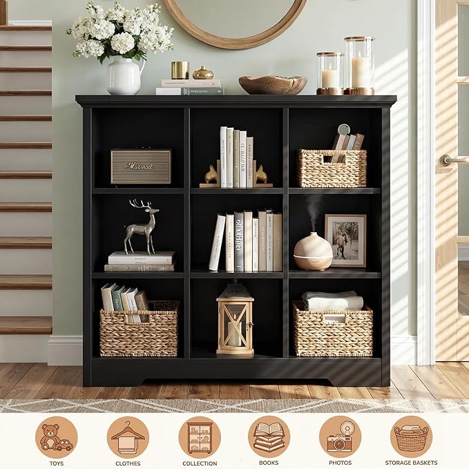 Aheaplus Wooden 9-Cube Storage Organizer with Charging Ports, Modern Cube Bookcase with Base, 4-Tier Floor Standing Open Cubbies Bookshelf, Cubicle Display Shelf for Home and Office, Black