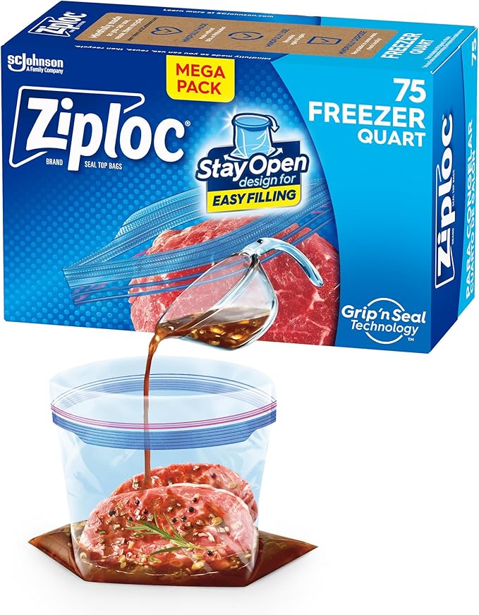 Ziploc Quart Food Storage Freezer Bags, New Stay Open Design with Stand-Up Bottom, Easy to Fill, 75 Count
