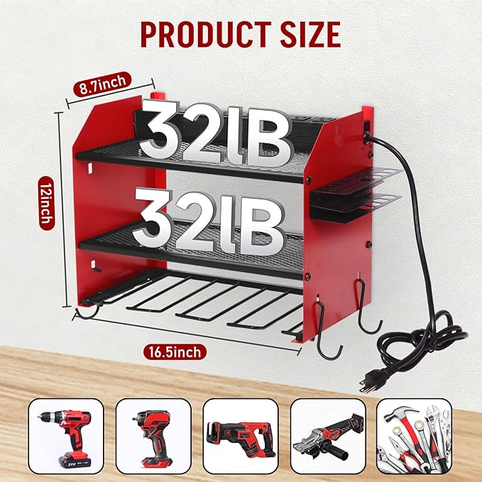 Power Tool Organizer Wall Mount with Charging Station, Heavy Duty 3 Layers Tool Storage Rack with 4 Cordless Drill Holder, Battery Holder with 8 Power Strip, Ideal for Garage, Warehouse, Workshop
