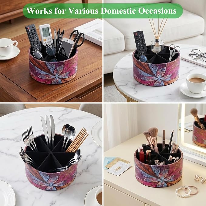 Remote Control Holder, 360°Spinning PU Leather Desk TV Remote Caddy,Desk Storage Box Room Accessories for Controller, Media,Mail,Calculator, Mobile Phone,Pencil(1B-Purple Flower)