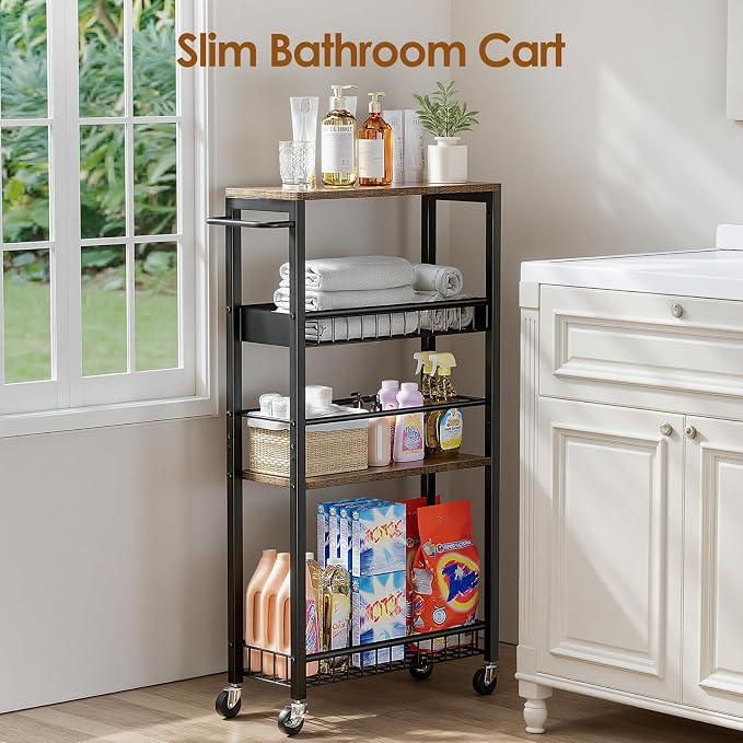 Slim Rolling Storage Cart, 4 Tier Narrow Storage Cart, 7.1in(W) | Metal Kitchen Rolling Cart for Small Spaces, Narrow Shelf for Kitchen, Laundry Room, Bathroom, Living Room