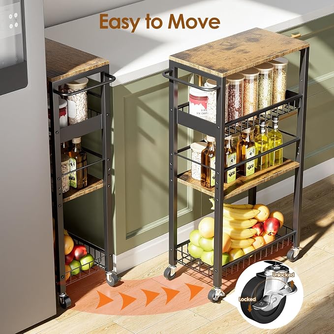 Slim Rolling Storage Cart, 4 Tier Narrow Storage Cart, 9.1in(W) | Metal Kitchen Rolling Cart for Small Spaces, Narrow Shelf for Kitchen, Laundry Room, Bathroom, Living Room
