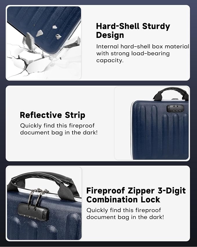 DOZAWA Fireproof Document Box, Waterproof Hard File Organizer with Lock | UL-94 VTM-0 certified 8-layer document box withstands up to 5200°F, featuring waterproof zippers, DeepBlue