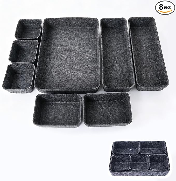 8Pack Drawer Organizer Compatible with Alex, Felt Desk and Makeup Drawer Organizers, Soft Storage Bins for Office, Vanity, Bedroom, and Dresser Drawers