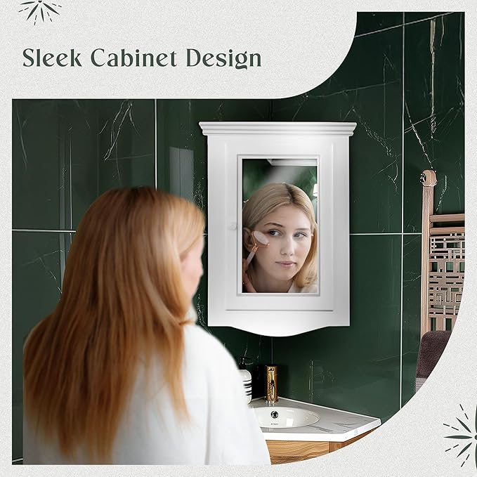 Renovators Supply Manufacturing White Corner Wall Mount Medicine Cabinet with Mirror Wooden Bathroom Storage 27 X 20 Inches Double Shelf Storage Cabinet Pre-Assembled with Hardware