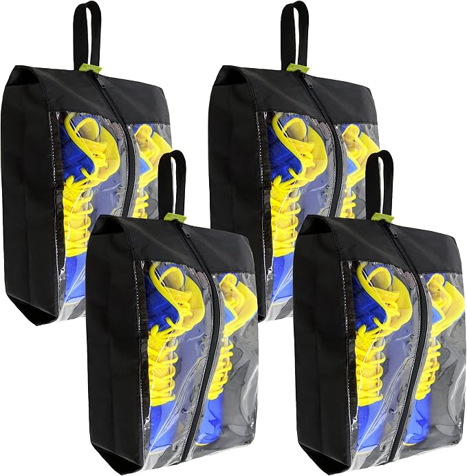 BeeGreen Black Transparent Shoe Bags 4 Pack for Travel with Handle as Packing Organizers for Suitcase and Luggage | Portable Nylon Storage Accessories for Vacations, Essential Gifts for Women and Men