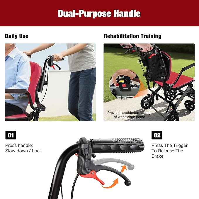 Wheelchairs for Adults,Transport Wheelchair Lightweight Foldable with Removable Cushion,Transport Chair,Ergonomic Travel Wheelchair with Telescopic Handle,Gifts for Grandma,Red