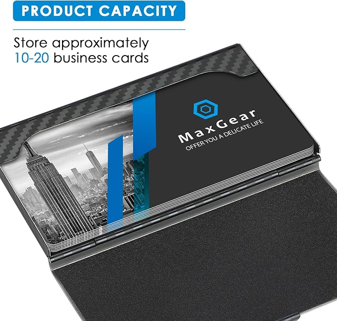 MaxGear Stainless Steel Business Card Holder, Slim Card Case, Black Carbon | Soft Interior Lining, Buckle Closure, Fits Standard Business Cards and Credit Cards