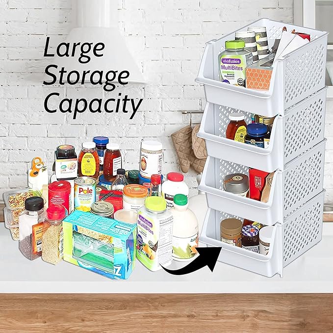 TidyFriend Stackable Storage Bins for Pantry - 8 Pack Stackable Bins for Organizing Food, Kitchen, and Bathroom Essentials (White)