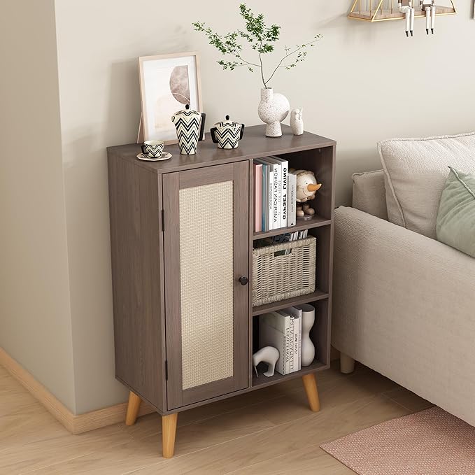 Multifunctional Wooden Storage Cabinet with Rattan Doors, Home Large Capacity Magazine and Book Storage Shenanigans (Oak)