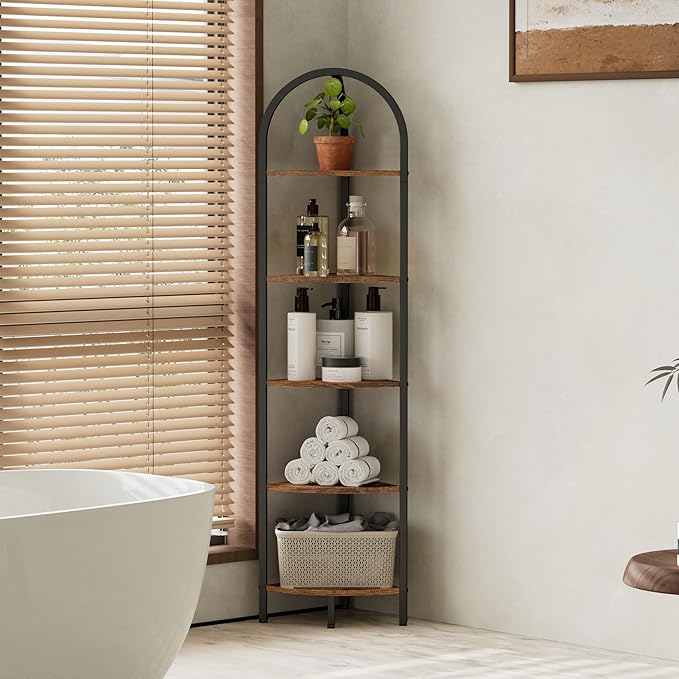 Homhedy 5-Tier Arched Corner Shelf Stand, Wall Corner Bookshelf | Metal Frame, Plant Stand, Industrial Storage Rack Shelf for Living Room, Bedroom, Office, Bathroom, Rustic Brown