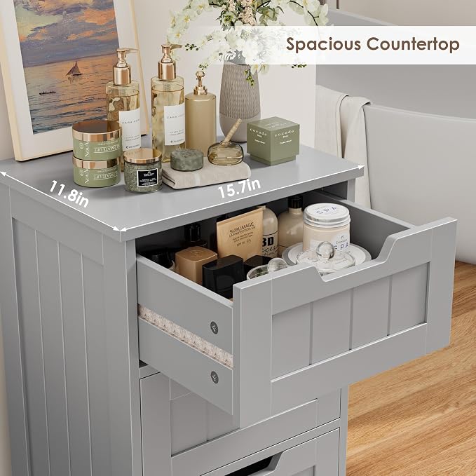 FOTOSOK Bathroom Cabinet, Bathroom Storage Cabinet with 5 Drawers, Wooden Storage Cabinets with Cut-Out Handles, 11.8” x 15.7” x 40.1” Bathrooms Floor Cabinets for Hallway/Living Room, Grey