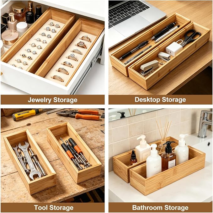 Kitchen Bamboo Drawer Organizer Set of 2, Small Narrow Stackable Drawer Organizer for Silverware, Utensils, Cutlery, Flatware, Junk Drawer, Dresser, Bathroom, 12" x 3" x 2"