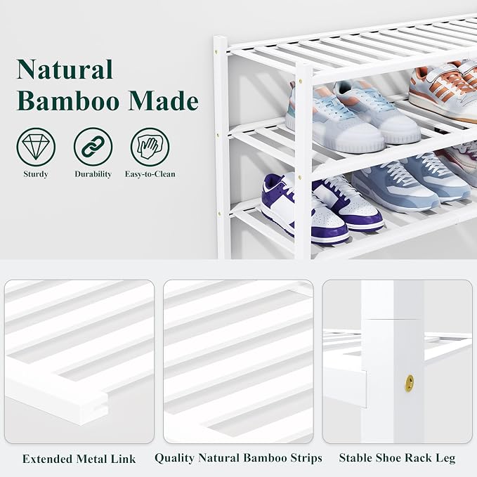 Smiry Bamboo Shoe Rack, 2 Tier Free Standing Wooden Shoe Organizer, Stackable Wood Shoe Storage Shelf for Closet, Entryway, 14 Vertical Slats, One-piece Heavy-Duty Legs, 26.8"x11"x13", White