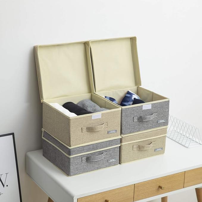 YueYue Foldable Fabric Closet Organizer Bins Box Storage - 2 Pack 12.4 X 12 X 6.7 Inch Storage Bins With Lids Boxes Linen - Bins Storage Box Collapsible Cloth Pack Lid