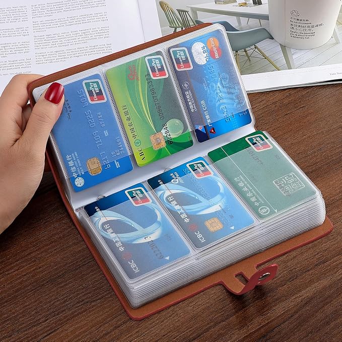 RFID Credit Card Holder, Leather Business Card Organizer with 96 Card Slots, Credit Card Case for Managing Your Different Cards and Important Documents to Prevent Loss or Damage (Dark Red)