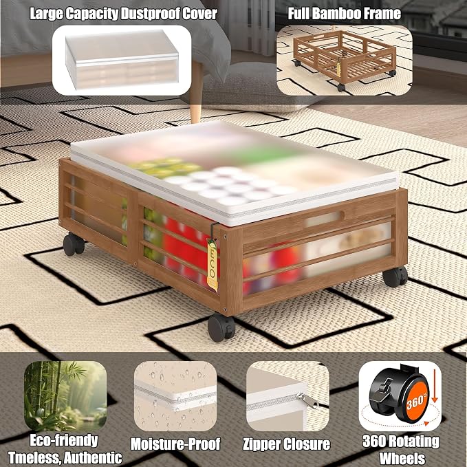 Underbed Storage with Wheels, 2 Pack Bamboo Containers for Shoes & Clothes | Dustproof bags protect contents. Stackable frames save space. 360° wheels provide smooth access to clothes, bedding and toys
