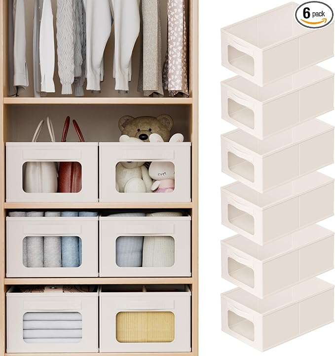 Linen Closet Organizers and Storage 6 Packs-Coset Storage Bins with Clear Windows,Closet Baskets for Organizing Clothes, Pants, Towels