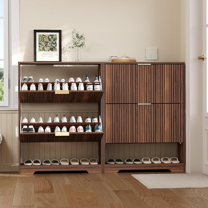 Garvee Shoe Storage Cabinet with 2 Flip Drawers,Slim Fluted Shoe Rack Cabinet with Open Storage,Wooden Hidden Shoe Rack Freestanding Narrow Shoes Organizer for Hallway, Entrance,Foyer,Walnut