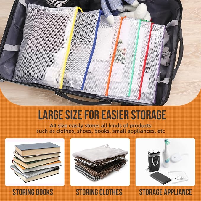 YOPCDJ 24pcs Mesh Zipper Pouch Bags, 12 Colors Extra Large 12PCS A3 and 12pcs A4, Puzzle Bag for Organizing, Classroom Must Have Storage Bag, File Bags for School, Board Games and Office Supplies